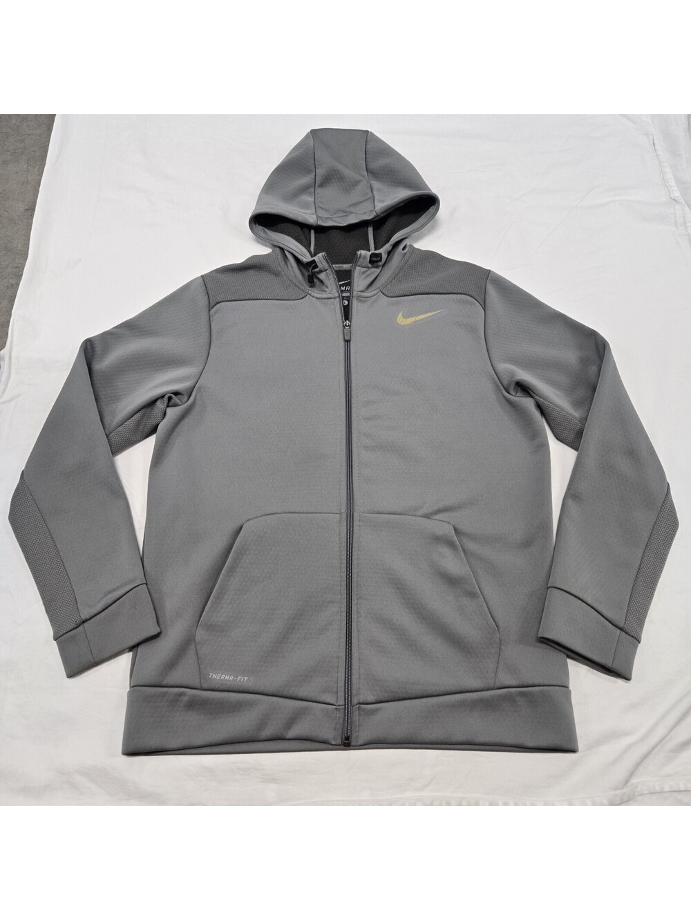 EUC Size LARGE Nike Therma-Fit Sphere Scuba Hoodie Grey Gold Logo Full Zip Lined
